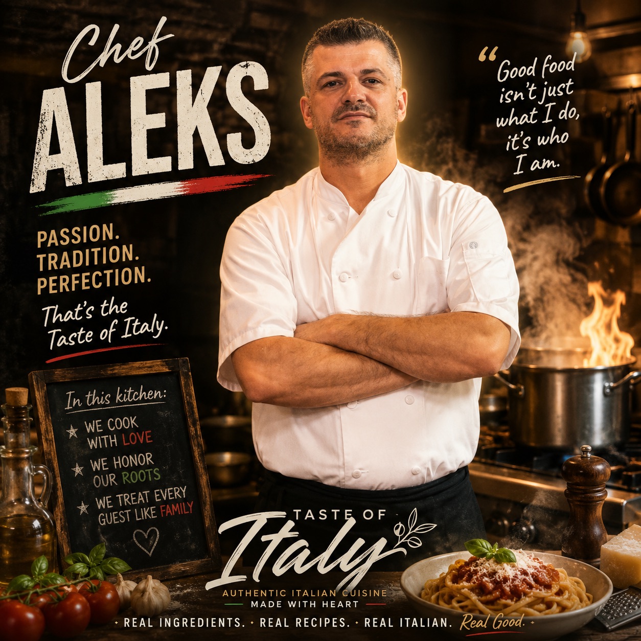 Chef Aleks in the Taste of Italy kitchen with the words passion, tradition, and perfection