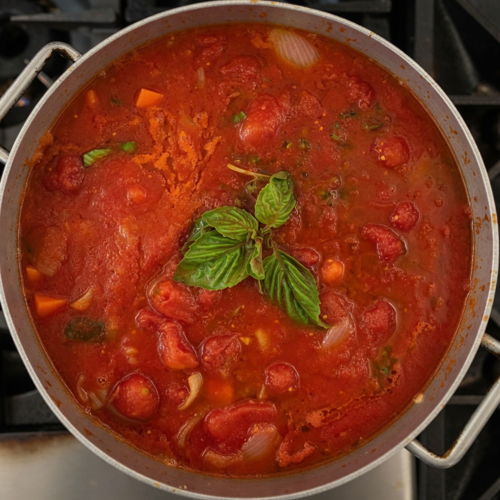 House tomato sauce simmering with fresh basil