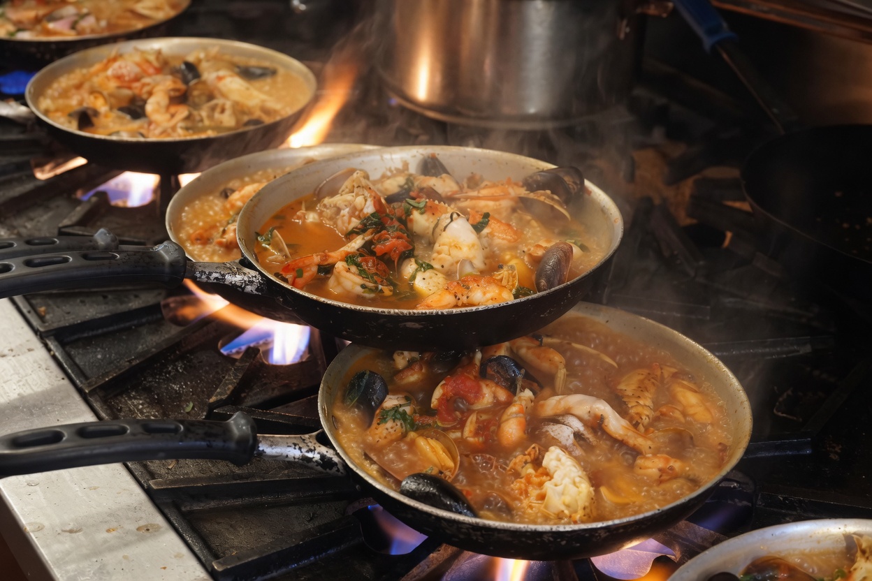 Italian dishes cooking over an open kitchen flame