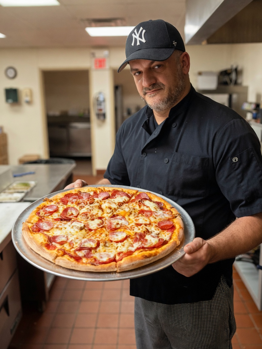 A member of the Taste of Italy team presenting a fresh pizza